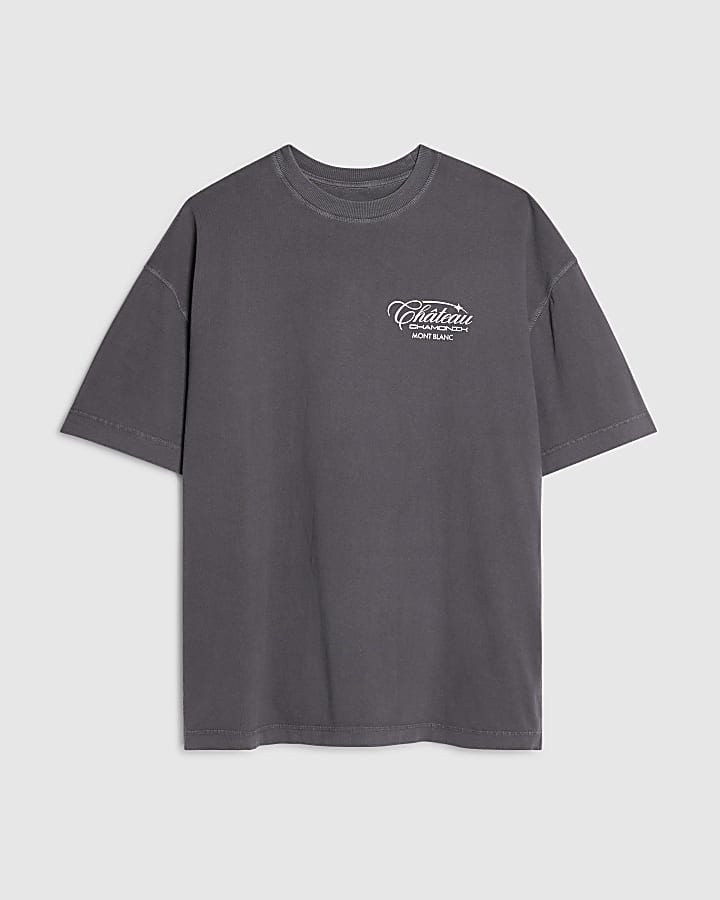 river island Grey Oversized Fit Chateaux Chamonix T-Shirt