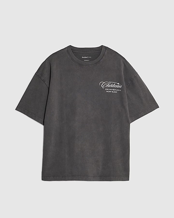 river island Grey Oversized Fit Chateaux Chamonix T-Shirt