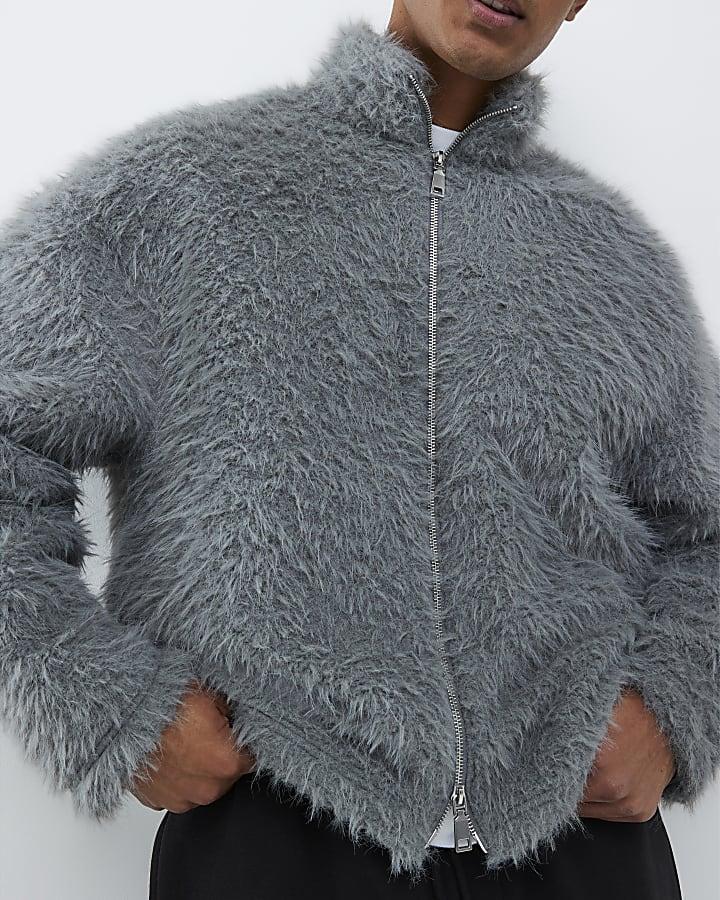 River Island Grey Oversized Fit Fuzzy Zip Sweatshirt