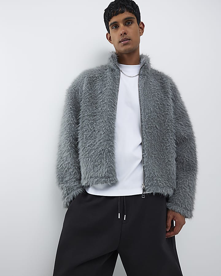 River Island Grey Oversized Fit Fuzzy Zip Sweatshirt