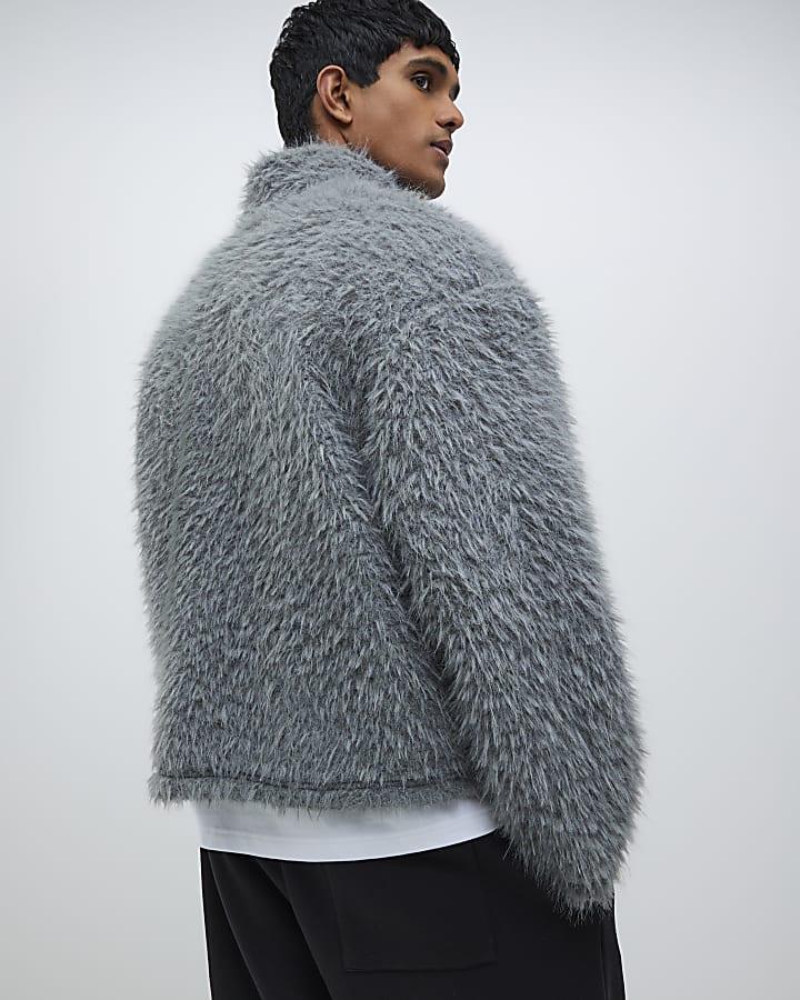 River Island Grey Oversized Fit Fuzzy Zip Sweatshirt