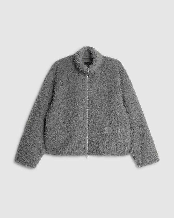 river island Grey Oversized Fit Fuzzy Zip Sweatshirt