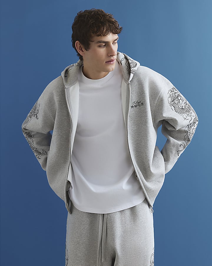 River Island Grey Oversized Fit Japanese Dragon Hoodie