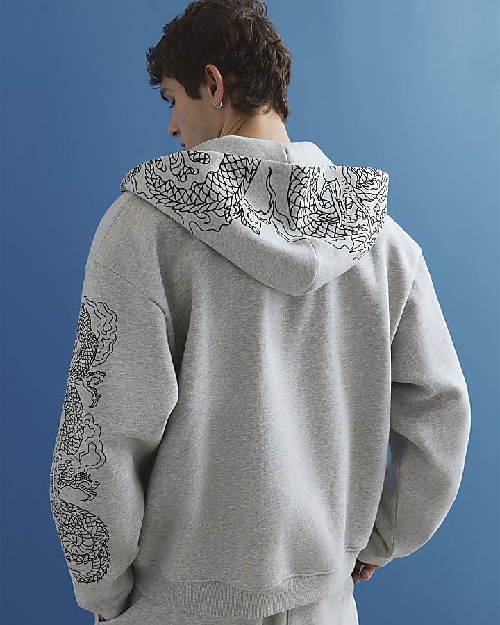 River Island Grey Oversized Fit Japanese Dragon Hoodie