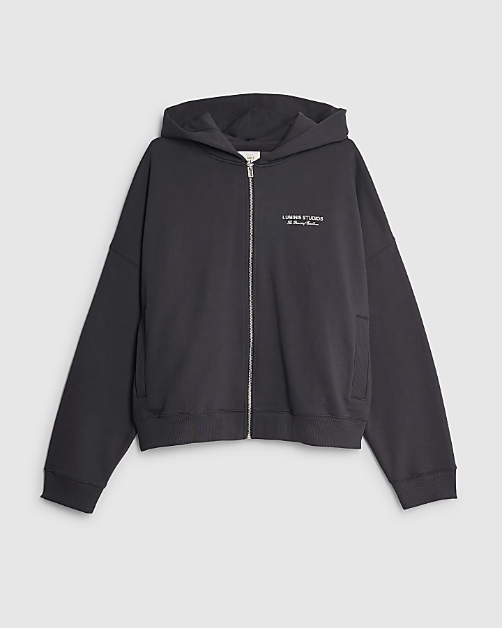 river island Grey Oversized Fit Luminis Zip Through Hoodie