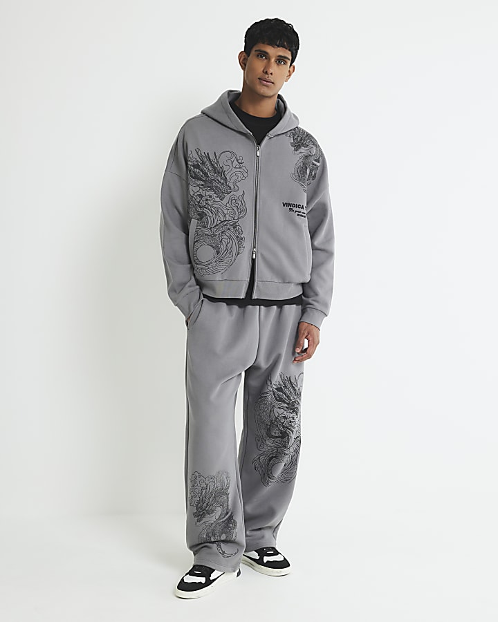 River Island Grey Oversized Fit Zip Through Dragon Hoodie