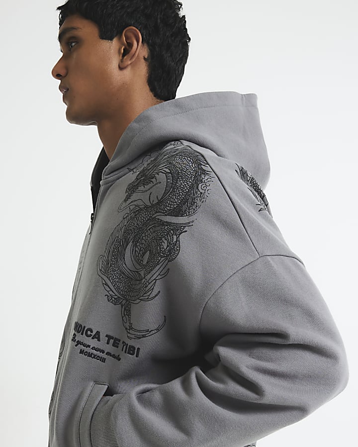 River Island Grey Oversized Fit Zip Through Dragon Hoodie