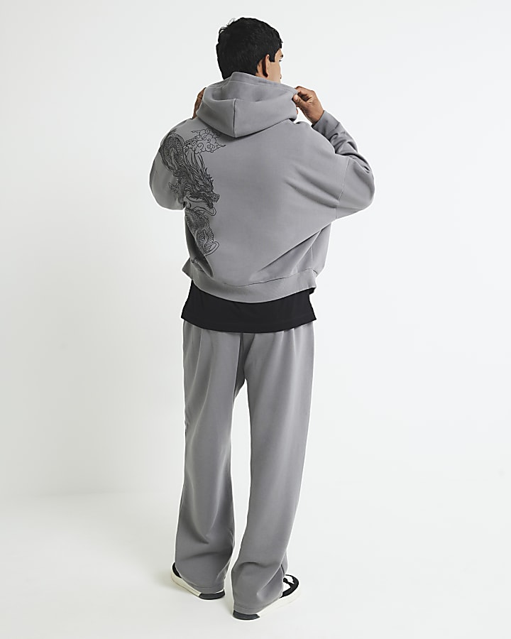 river island Grey Oversized Fit Zip Through Dragon Hoodie