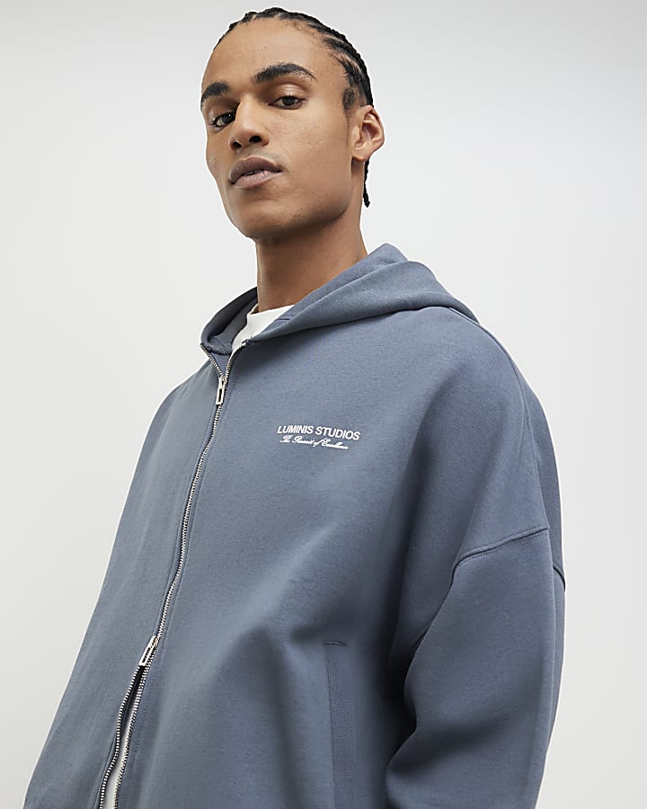 River Island Grey Oversized Luminis Zip Through Hoodie
