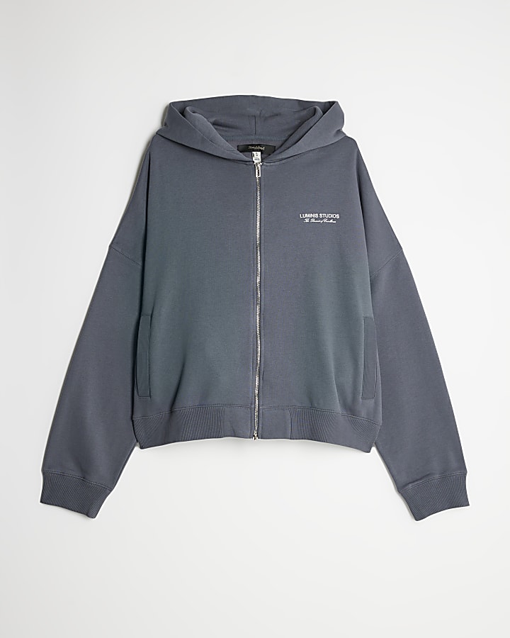 river island Grey Oversized Luminis Zip Through Hoodie