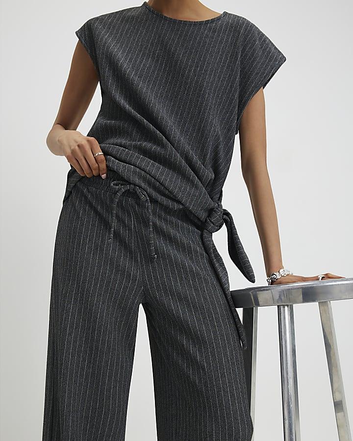 River Island Grey Pinstripe Drawstring Wide Leg Trousers