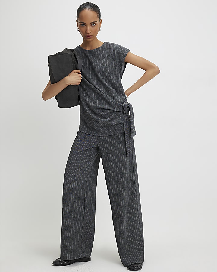 River Island Grey Pinstripe Drawstring Wide Leg Trousers