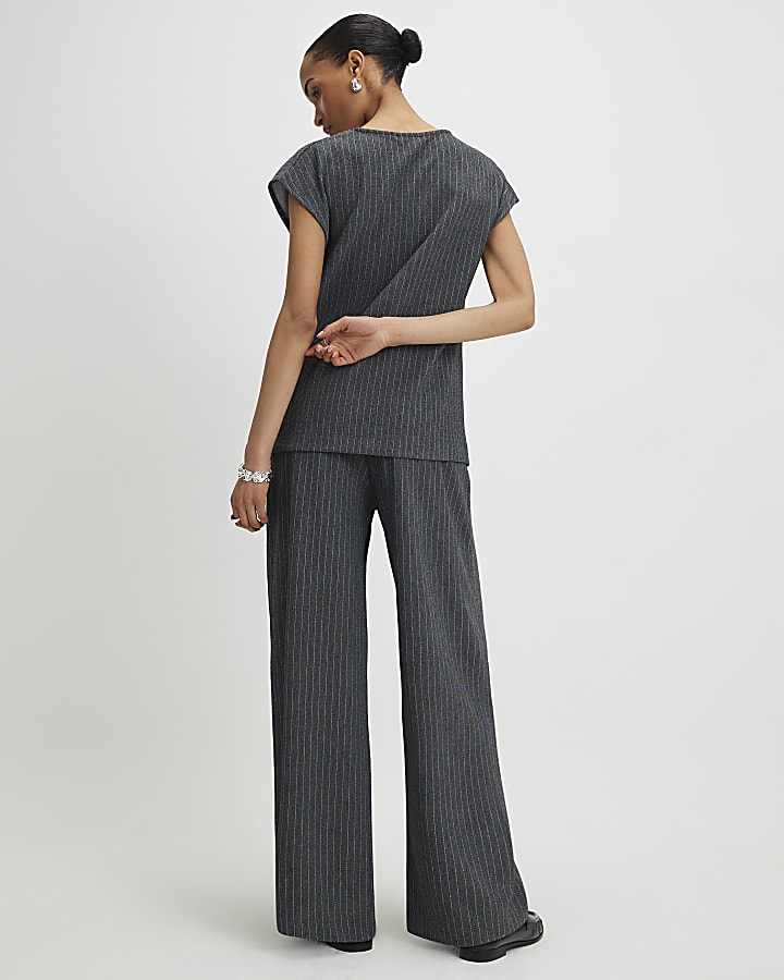 River Island Grey Pinstripe Drawstring Wide Leg Trousers