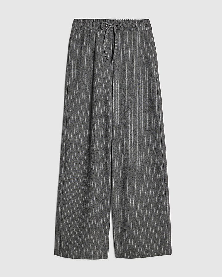 river island Grey Pinstripe Drawstring Wide Leg Trousers