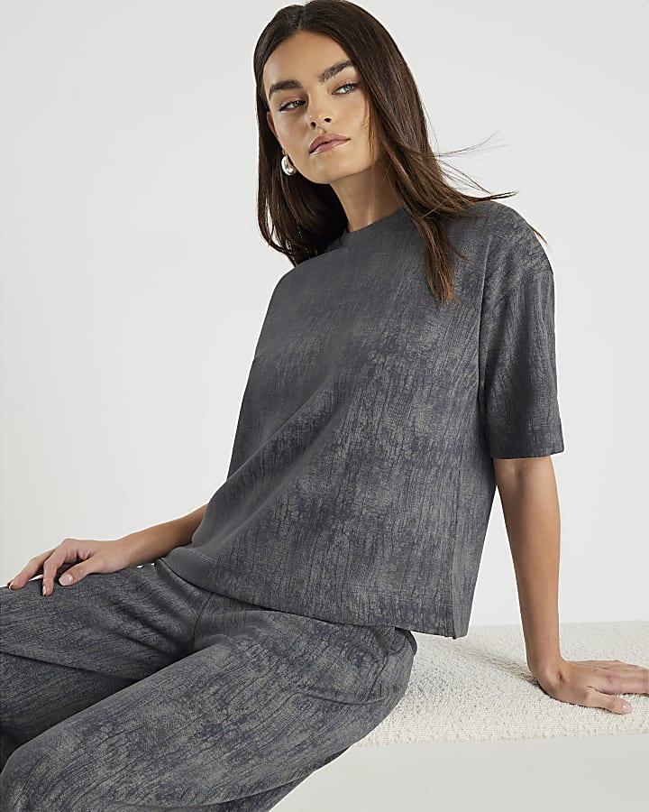River Island Grey Premium Crinkle Effect Boxy T-shirt