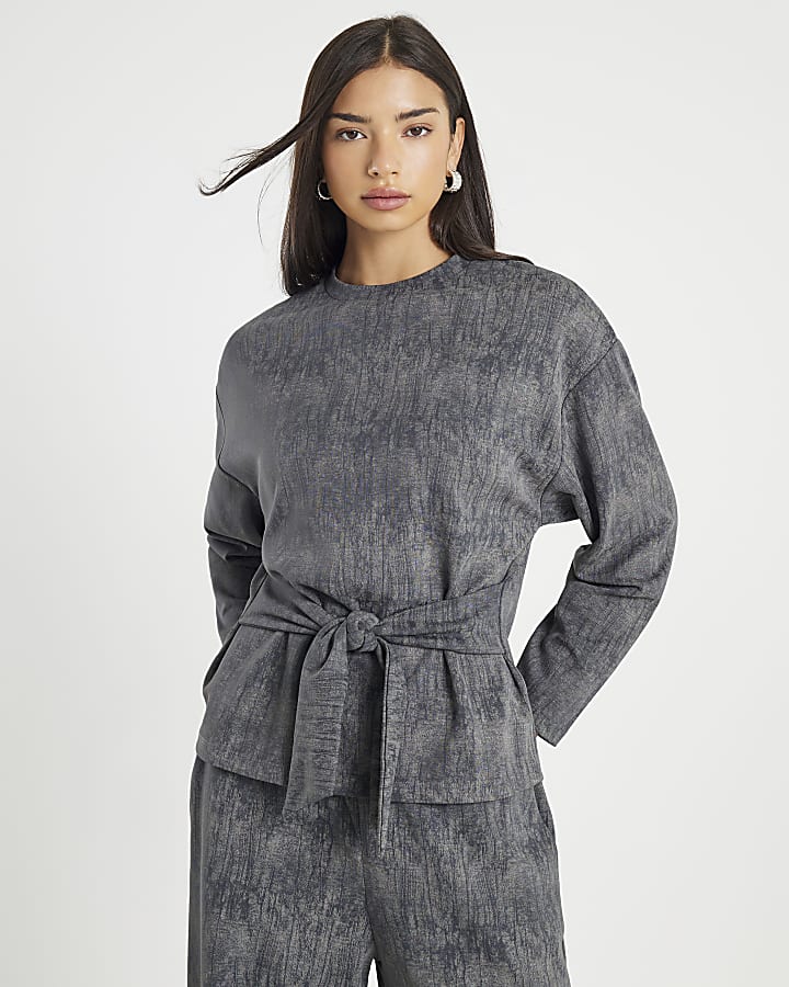 River Island Grey Premium Crinkle Effect Tie Front Top