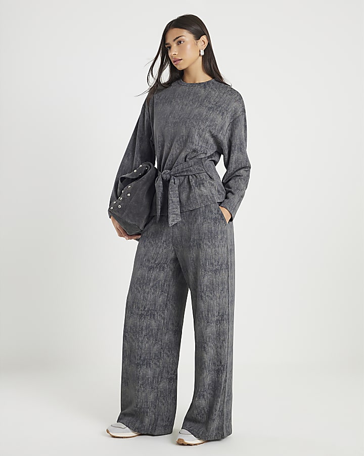 River Island Grey Premium Crinkle Effect Tie Front Top