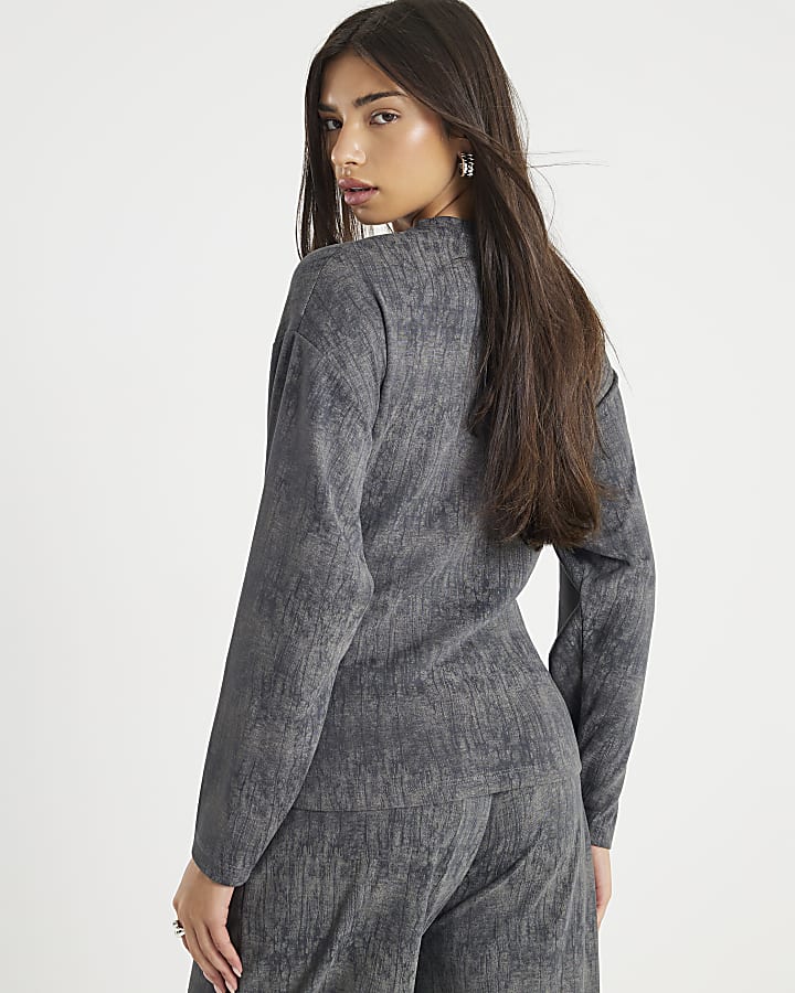 River Island Grey Premium Crinkle Effect Tie Front Top