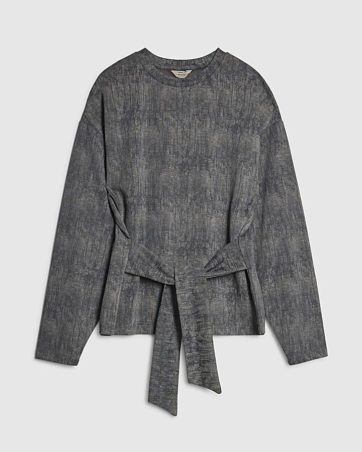 river island Grey Premium Crinkle Effect Tie Front Top
