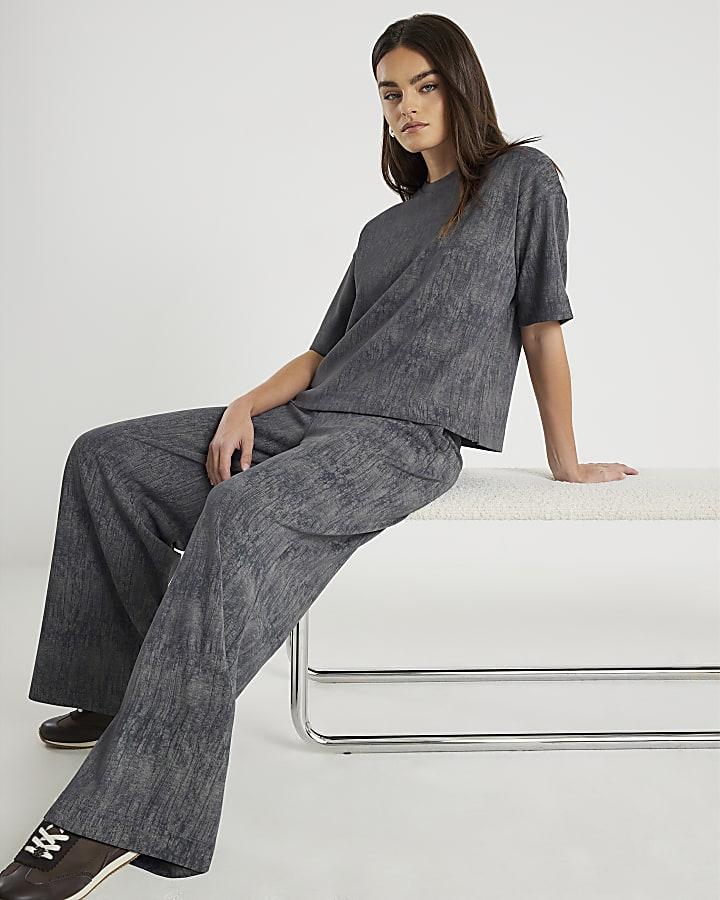 River Island Grey Premium Crinkle Effect Wide Leg Joggers