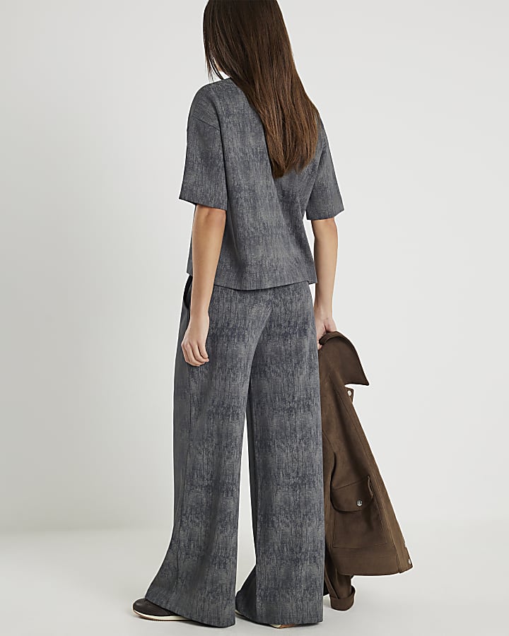 River Island Grey Premium Crinkle Effect Wide Leg Joggers