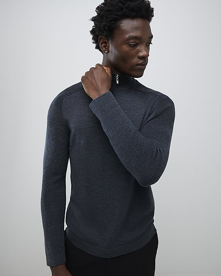 River Island Grey Premium Merino Funnel Neck Jumper