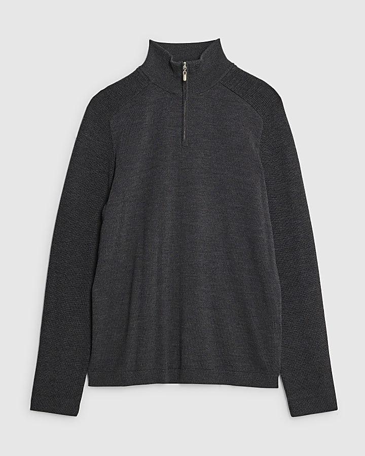 river island Grey Premium Merino Funnel neck Jumper