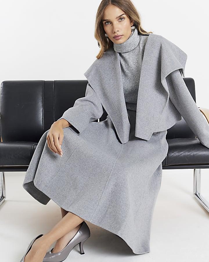 River Island Grey Premium Wool Blend Midi Godet Skirt