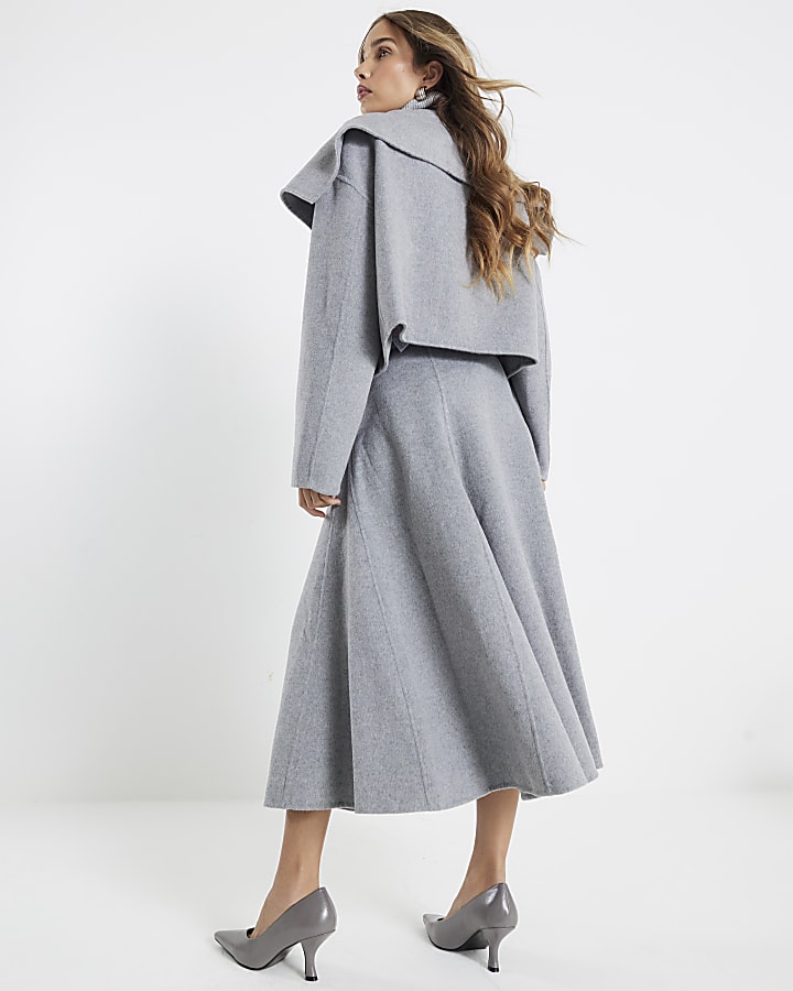 River Island Grey Premium Wool Blend Midi Godet Skirt