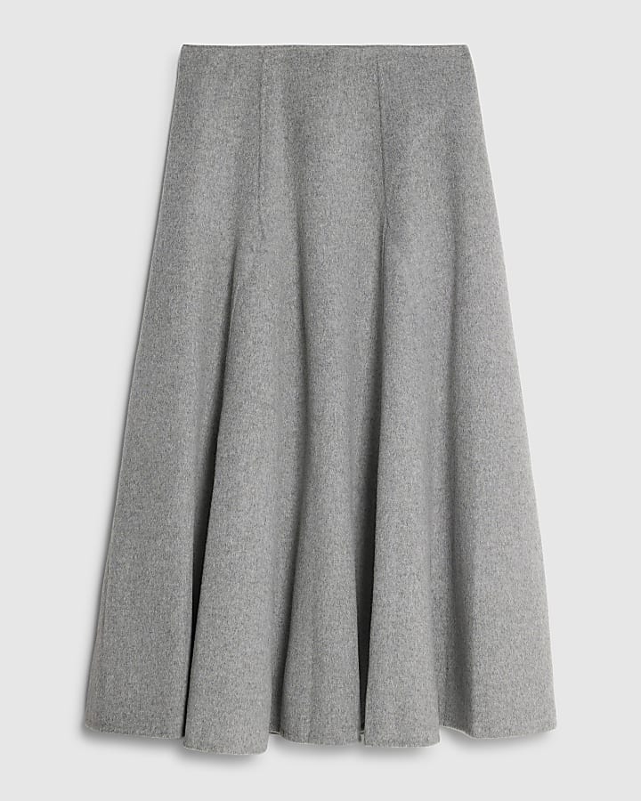 river island Grey Premium Wool Blend Midi Godet Skirt