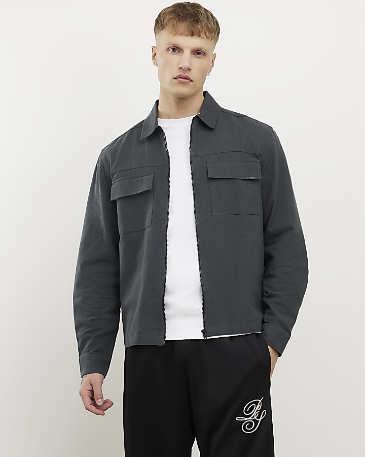 River Island Grey Regular Fit Double Pocket Zip Overshirt