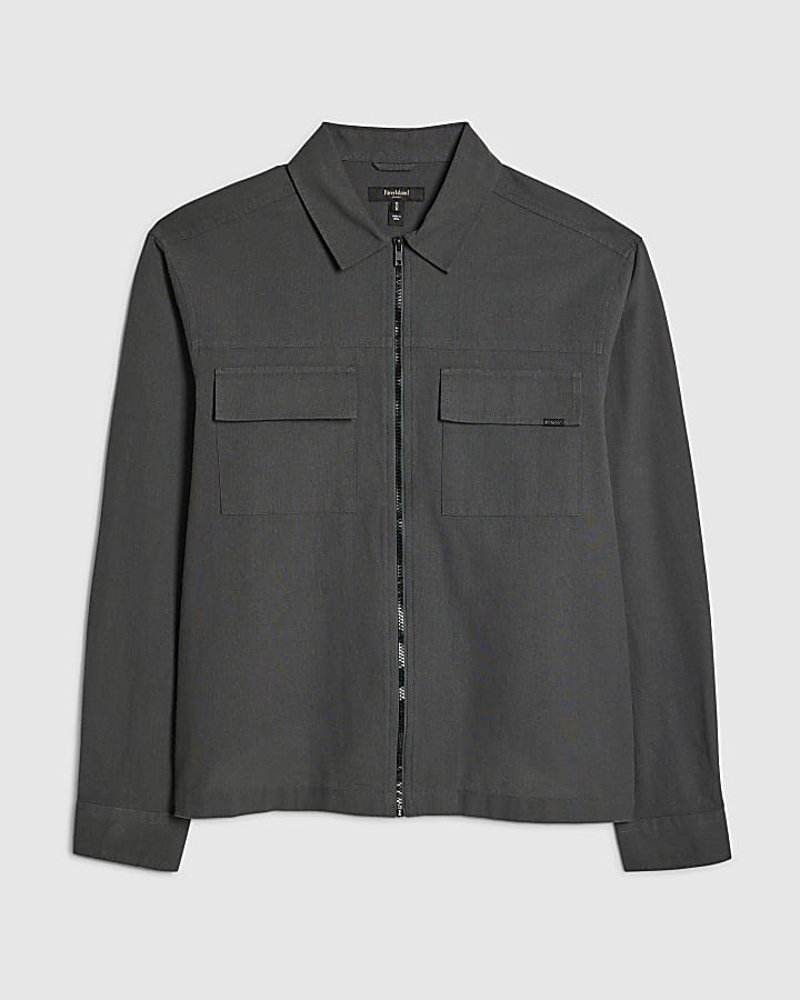 river island Grey Regular Fit Double Pocket Zip Overshirt