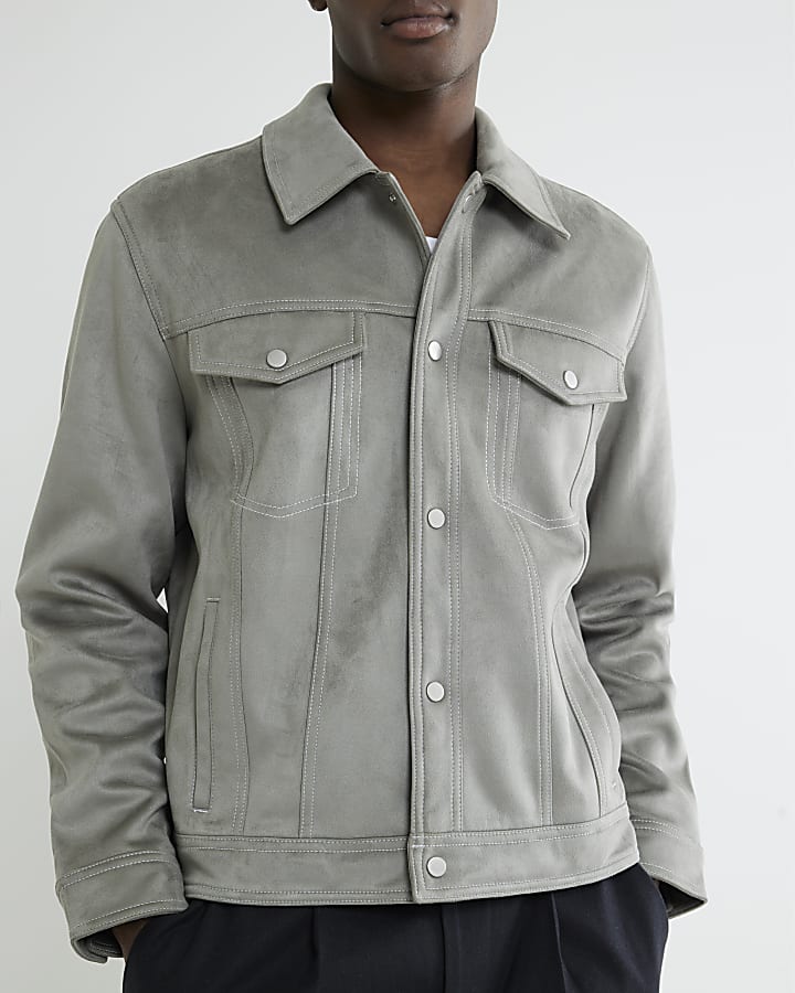 River Island Grey Regular Fit Faux Suede Western Jacket