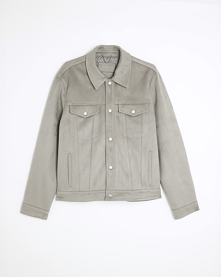 river island Grey Regular Fit Faux Suede Western Jacket