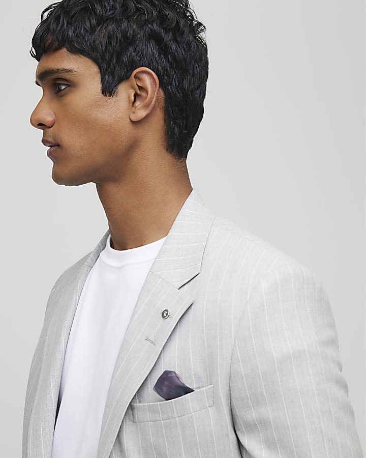 River Island Grey Regular Fit Pinstriped Suit Jacket