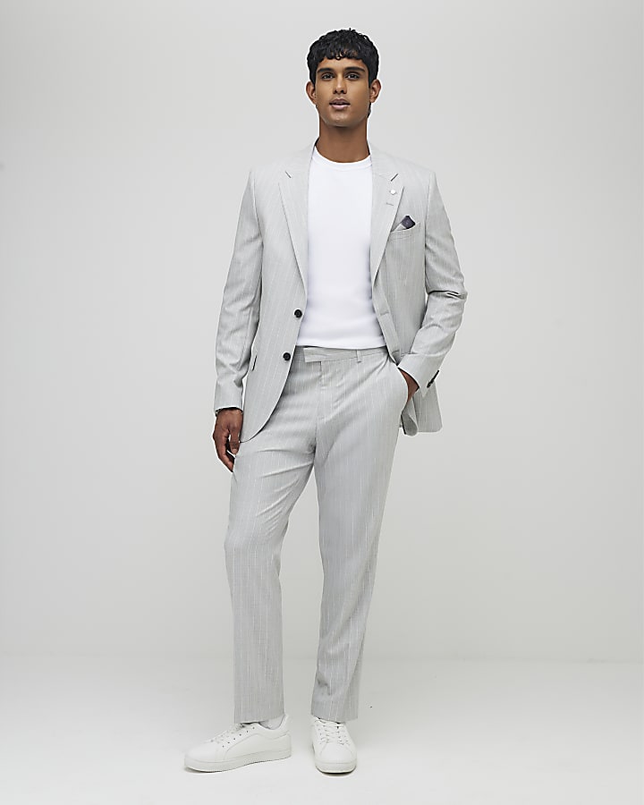 River Island Grey Regular Fit Pinstriped Suit Jacket