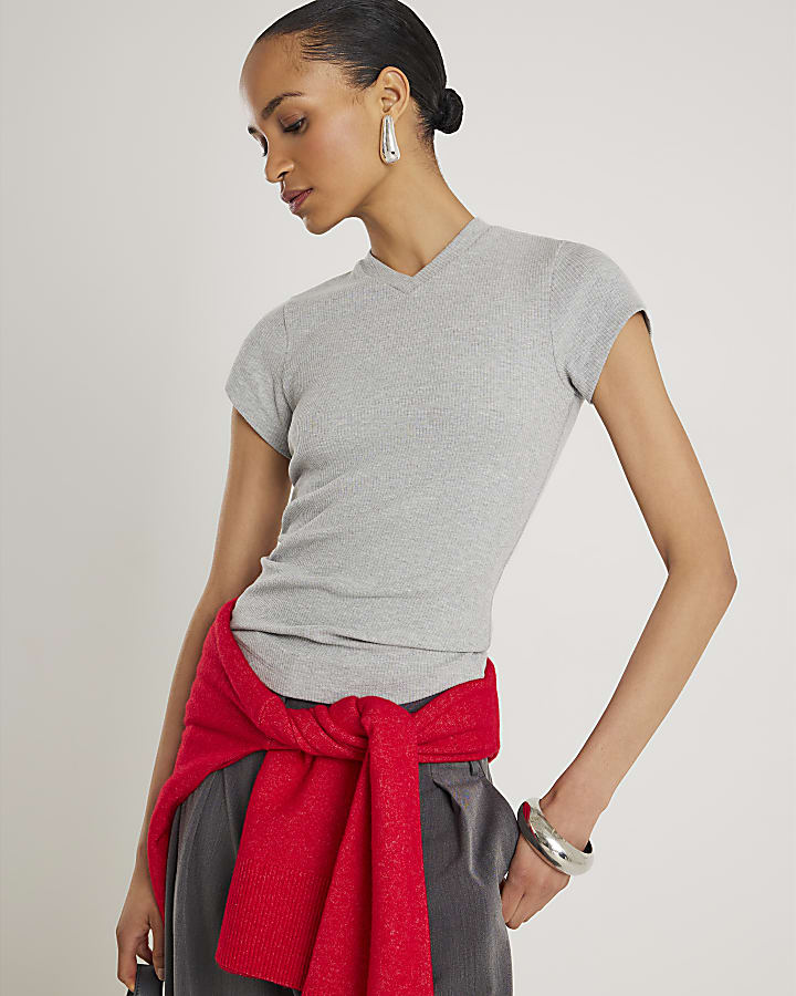 River Island Grey Short Sleeve High V Neck Ribbed Top