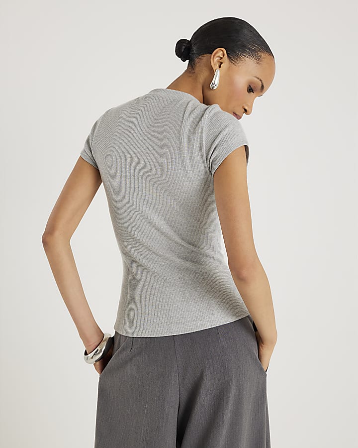 River Island Grey Short Sleeve High V Neck Ribbed Top