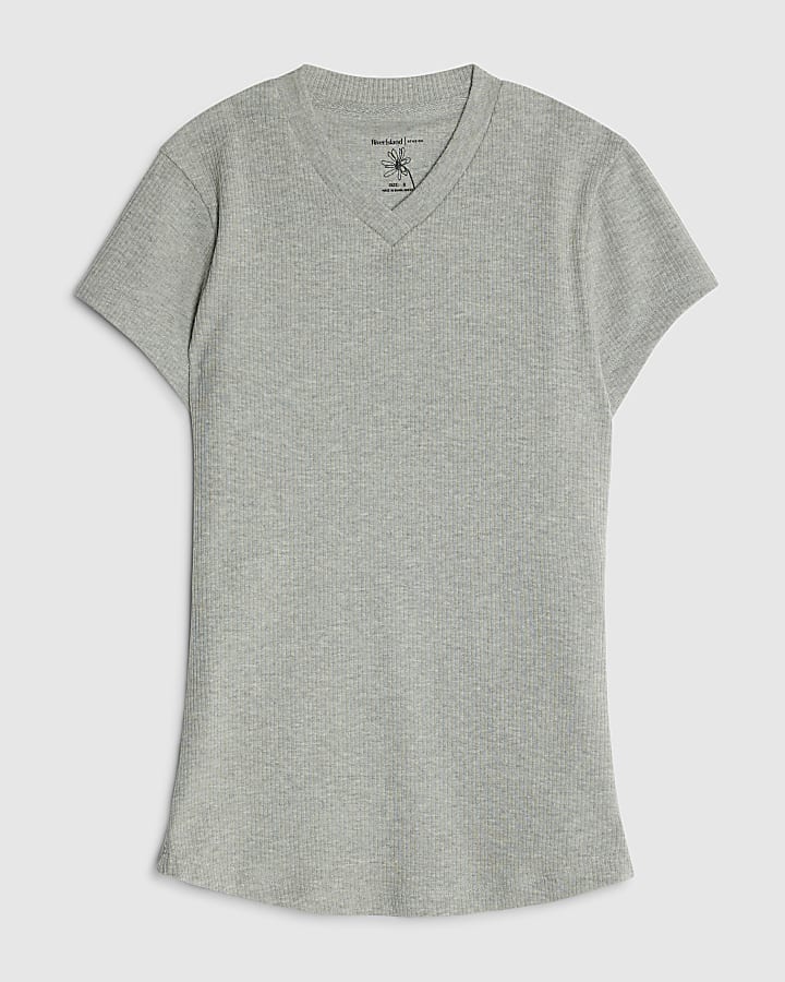 river island Grey Short Sleeve High V Neck Ribbed Top
