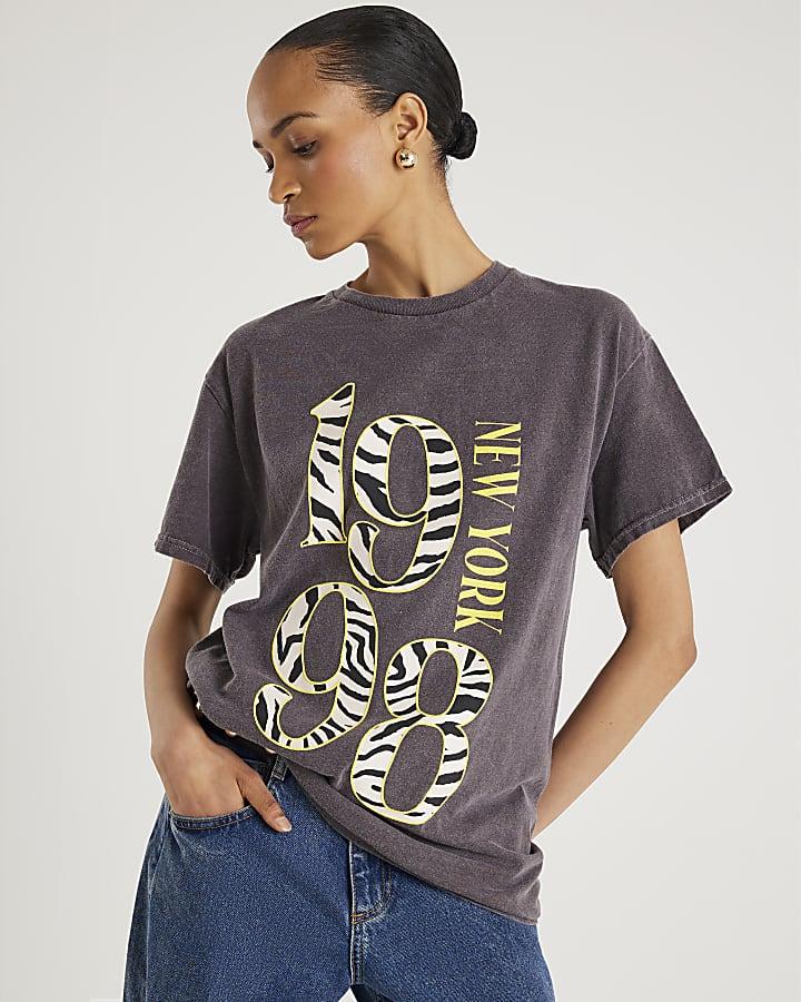 River Island Grey Short Sleeve Zebra Print 1998 T-shirt