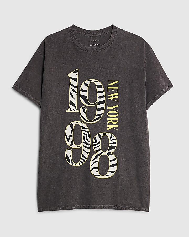 river island Grey Short Sleeve Zebra Print 1998 T-shirt