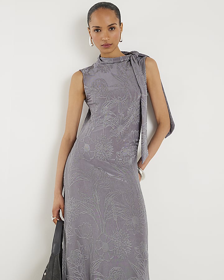 River Island Grey Sleeveless Jacquard Scarf Tie Midi Dress