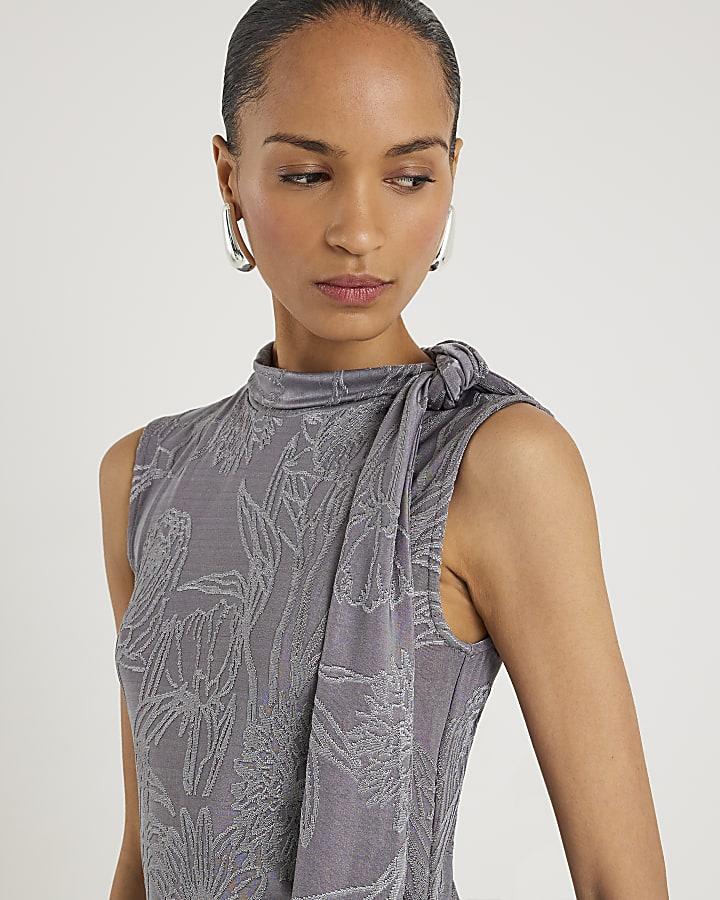 River Island Grey Sleeveless Jacquard Scarf Tie Midi Dress