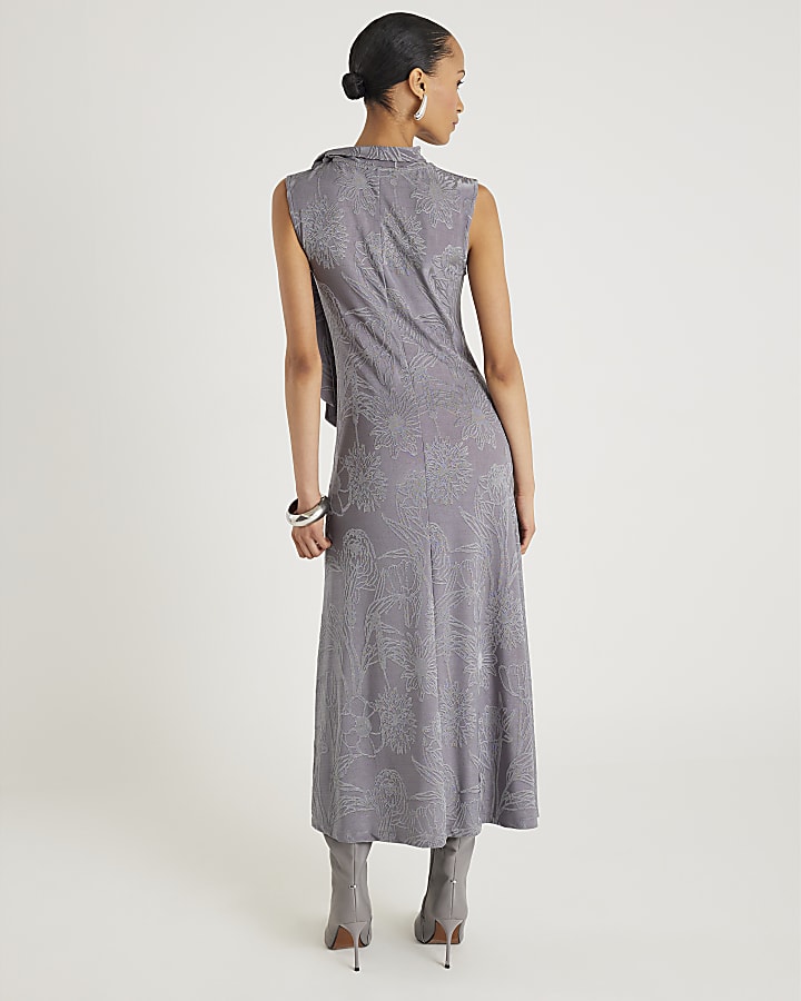 River Island Grey Sleeveless Jacquard Scarf Tie Midi Dress