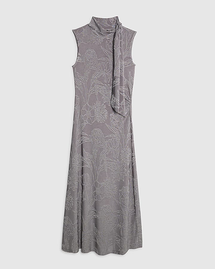 river island Grey Sleeveless Jacquard Scarf Tie Midi Dress