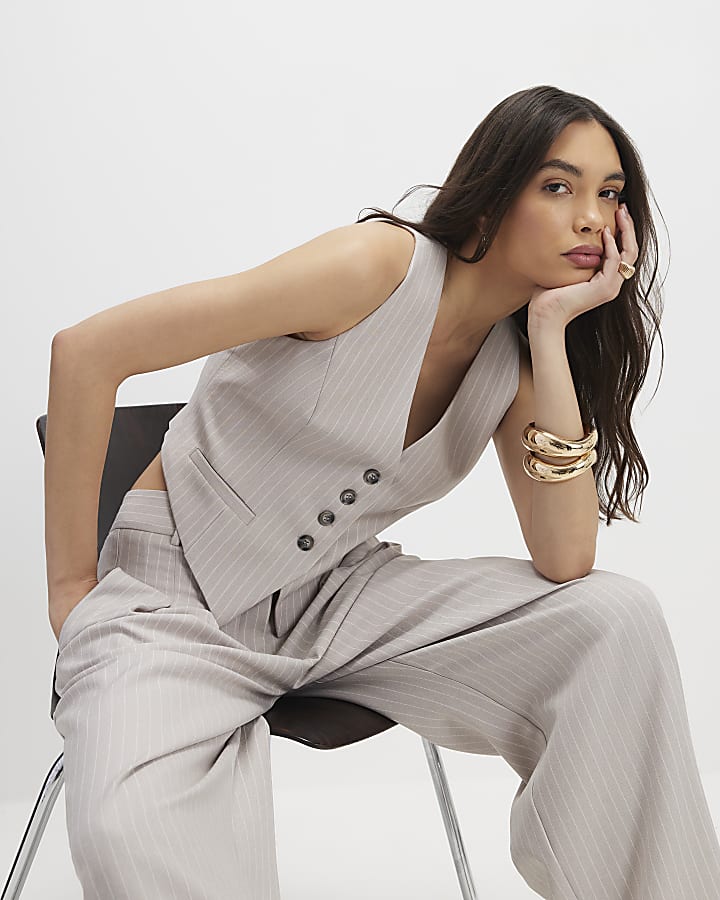 River Island Grey Sleeveless Pinstripe Cropped Waistcoat