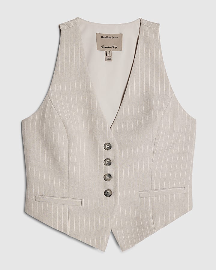 river island Grey Sleeveless Pinstripe Cropped Waistcoat