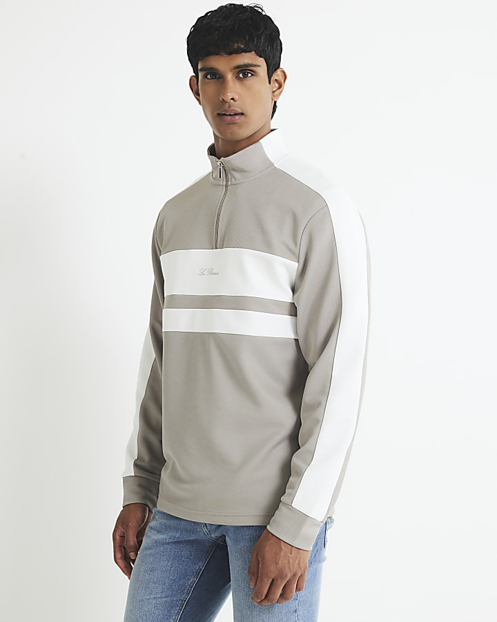 River Island Grey Slim Fit Colour Block Funnel Sweatshirt