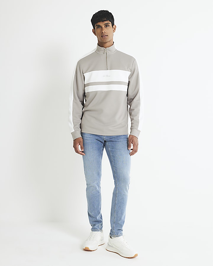 River Island Grey Slim Fit Colour Block Funnel Sweatshirt
