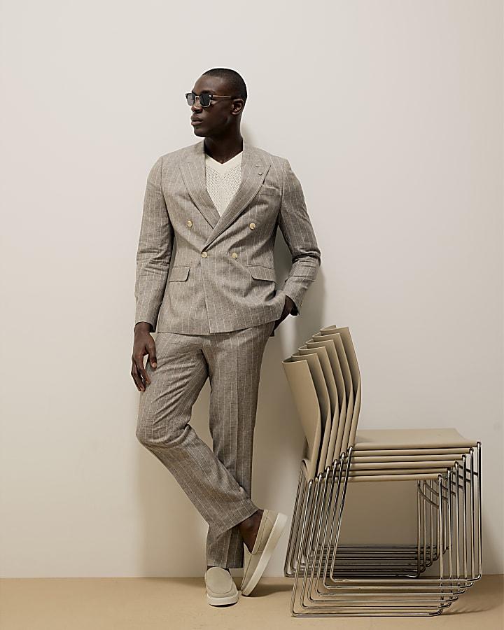 River Island Grey Slim Fit Stripe Linen Blend Suit Jacket